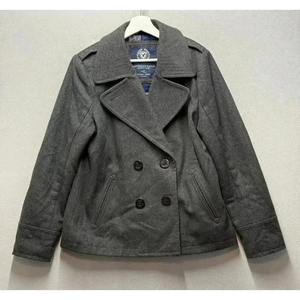 American Eagle Women's Sz‎ L Peacoat Gray Double Breasted Wool Blend Coat Jacket
